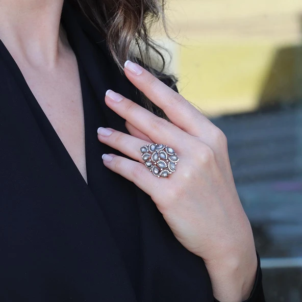 Damla Elmas Montür Modeli Rose Gold Gümüş Yüzük - Resim 2