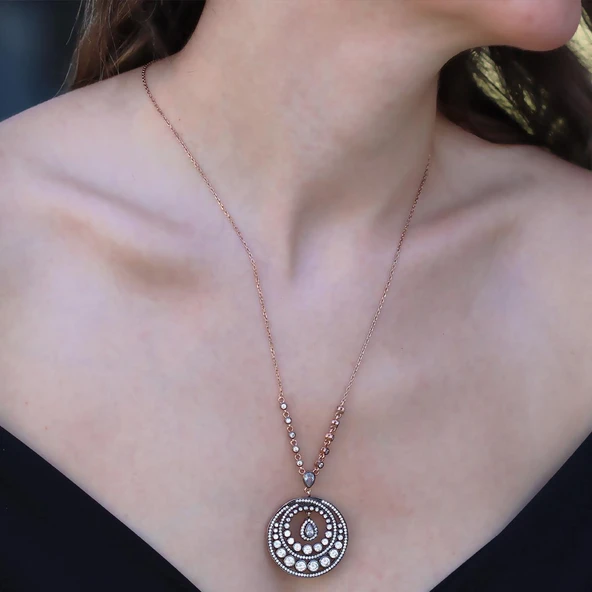 Elmas Montür Rose Gold Gümüş Kolye - Resim 4