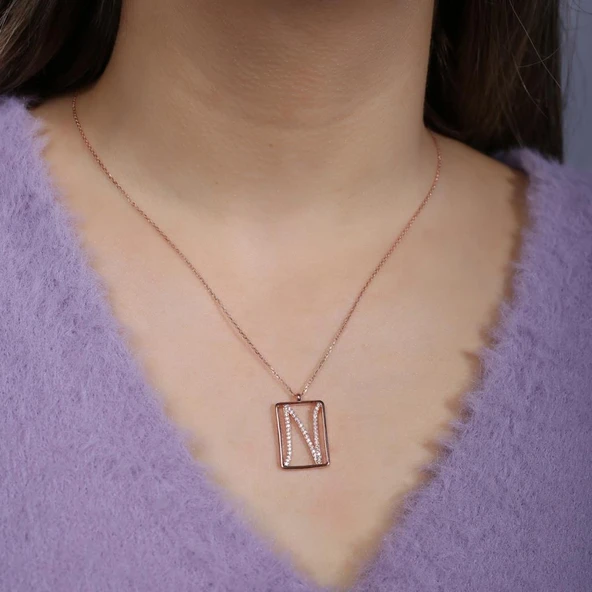 N Harfi Zirkon Taşlı Rose Gold Kaplama Çerçeveli Gümüş Kolye - Resim 2
