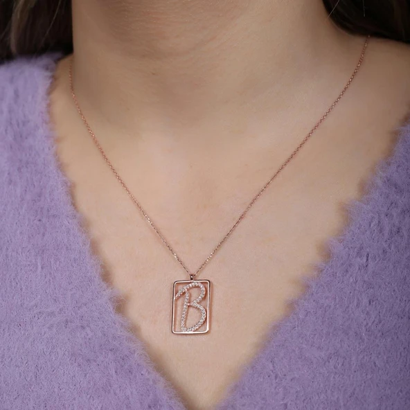 B Harfi Zirkon Taşlı Rose Gold Kaplama Çerçeveli Gümüş Kolye - Resim 2