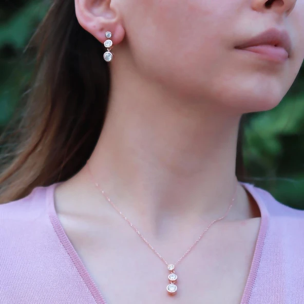 3'lü Sıra Zirkon Taşlı Rose Gold Kaplama Gümüş Set ürün görseli 1