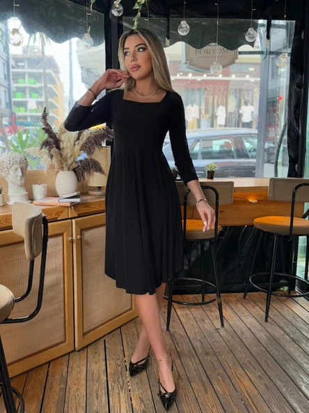 Kadın Kare Yaka Truvakarkol Fırsat ürün Midi Boy Elbise - Resim 2