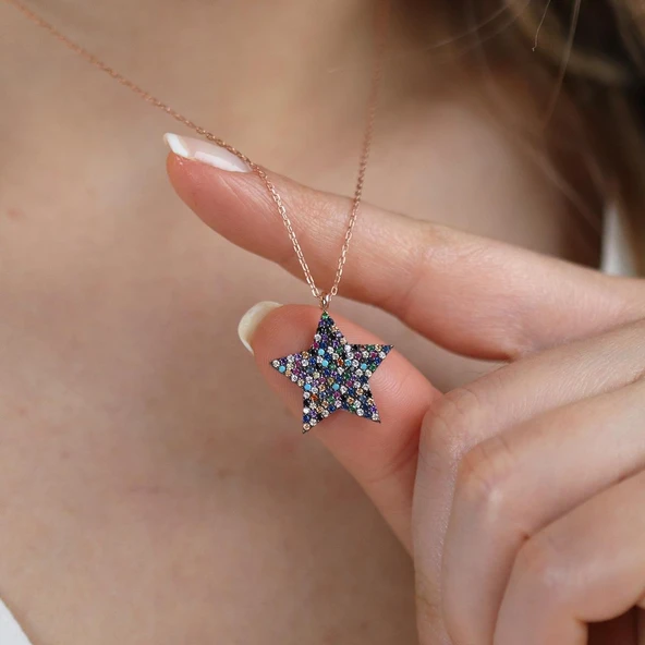 Renkli Zirkon Taşlı Rose Gold Kaplama Yıldız Gümüş Kolye ürün görseli 1