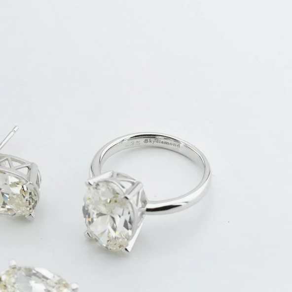Oval Kesim Tek Taş Modeli  4,5ct 925 Ayar Gümüş Sky Diamond Set - Resim 4