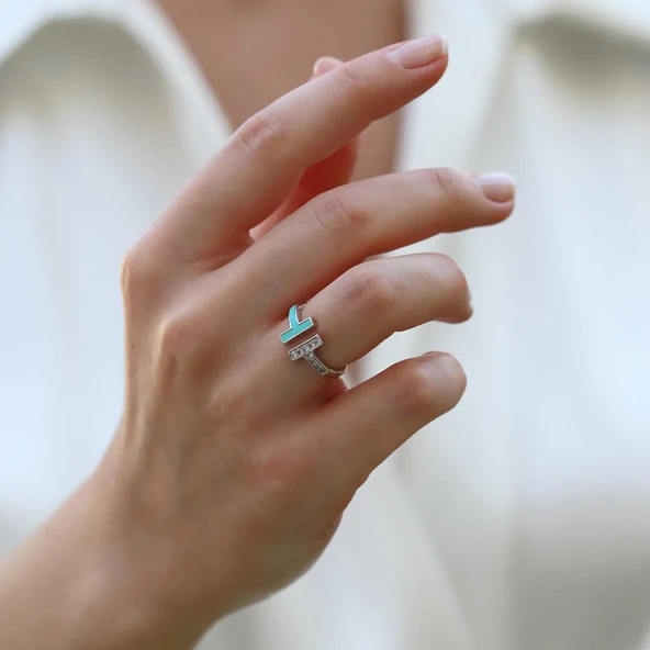 Turkuaz Mineli  T Gümüş Yüzük - Resim 4