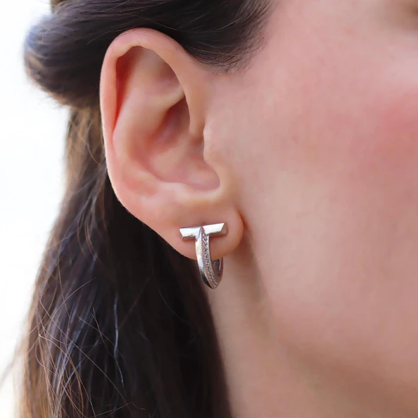 Yarı Taşlı T Halka Gümüş Küpe - Resim 5