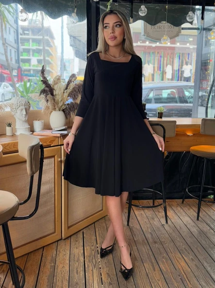 Kadın Kare Yaka Truvakarkol Fırsat ürün Midi Boy Elbise - Resim 3