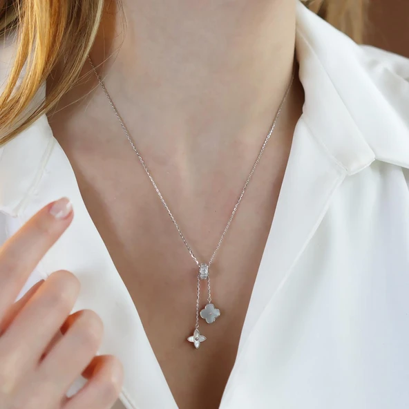 Yonca Sedef Taşlı Sarkıt Gümüş Kolye - Resim 2