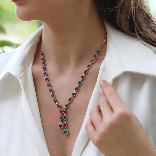 Turmalin Taşlı Su Yolu Otantik Gümüş Kolye - Resim 3