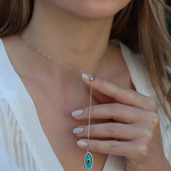 Mine İşli Göz Figürlü Gümüş Kolye - Resim 3