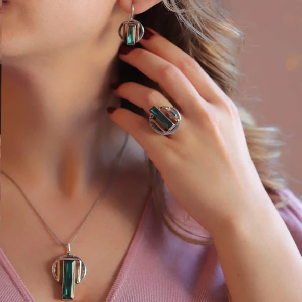 Peridot Taşlı 925 Ayar Gümüş Otantik Tasarım Set - Resim 2