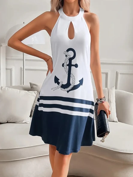 Kadın Askılı çıpa Baskılı Sırtı Açık Kısa Süprem Elbise - Resim 2