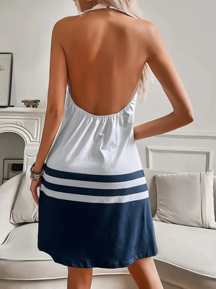 Kadın Askılı çıpa Baskılı Sırtı Açık Kısa Süprem Elbise - Resim 3