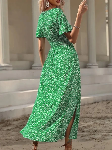 Kadın Kısa Kollu Kruvaze Yaka Beli Lastikli Yanlardan Yırtmaçlı Uzun çiçekli Elbise - Resim 3