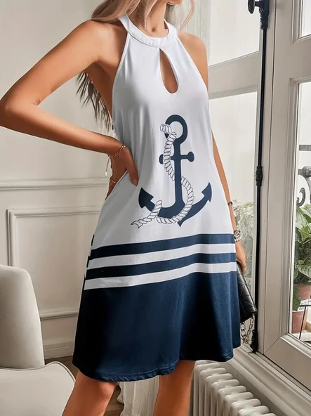 Kadın Askılı çıpa Baskılı Sırtı Açık Kısa Süprem Elbise - Resim 4