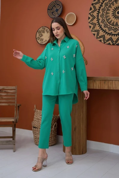 Yeşil Gömleği Taşlı Fitilli Takım ürün görseli