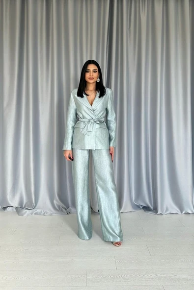 Mint Beli Kuşaklı Ceket Ve Pantolon Parlak Takım ürün görseli