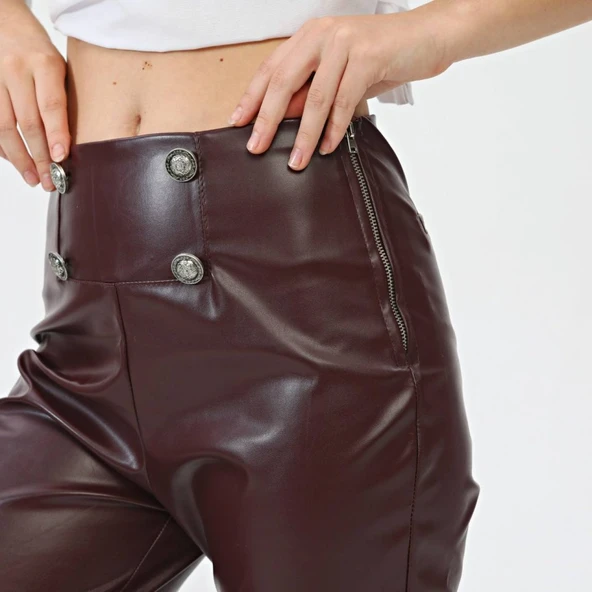 Düğmeli̇ Yan Fermuarli Deri̇ Pantolon - Resim 3