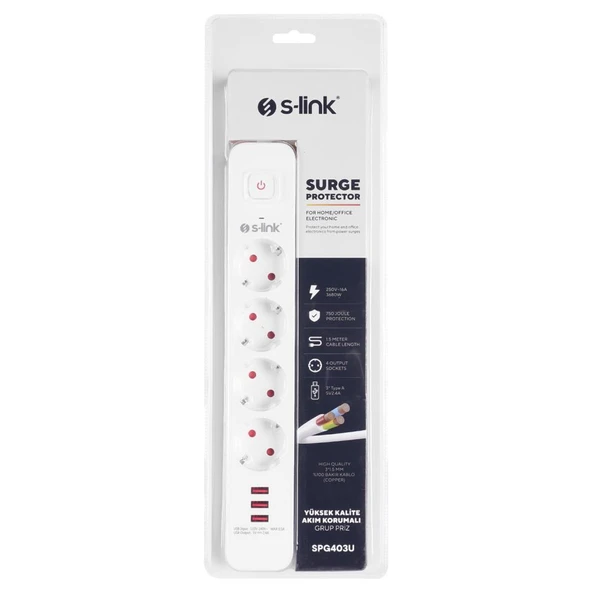 S-link SPG403U 1.5m 1.5mm 100% Bakır 750 Joule 3 Usb 5V2.4A 4lü Anahtarlı Akım Korumalı Priz - 4