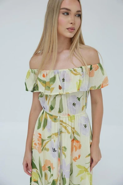 Madonna Yaka Elbise - Yeşil - Ekru - Resim 4