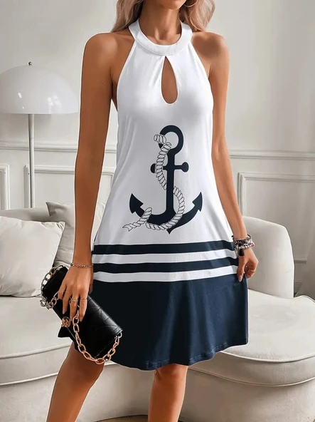 Kadın Askılı çıpa Baskılı Sırtı Açık Kısa Süprem Elbise ürün görseli