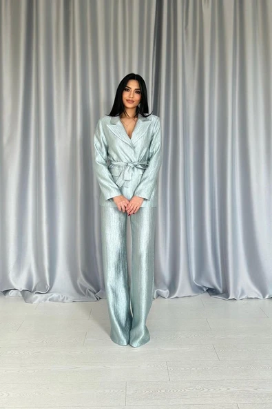 Mint Beli Kuşaklı Ceket Ve Pantolon Parlak Takım - Resim 2