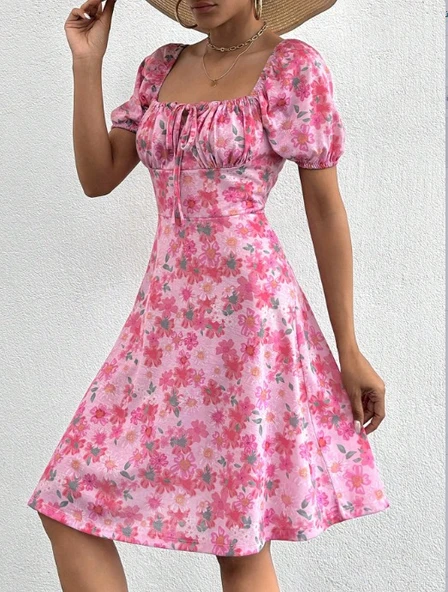 Kadın Kısa Kollu Mini çiçek Baskılı Bağcık Detay Süprem Midi Boy Elbise - Resim 5