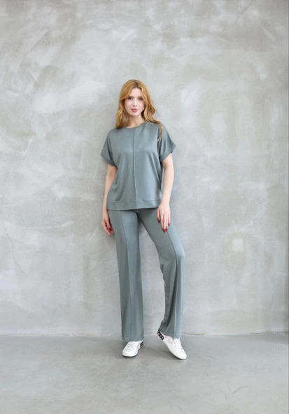 Osy Modal Yumuşak Dokulu Kumaş Bisiklet Yaka Kısa Kollu Takım - Mint Yeşili - Resim 4