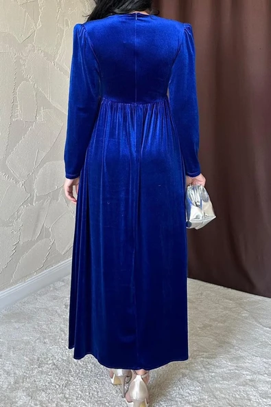 Saks Göğüs Altı Taşlı Elbise - Resim 3