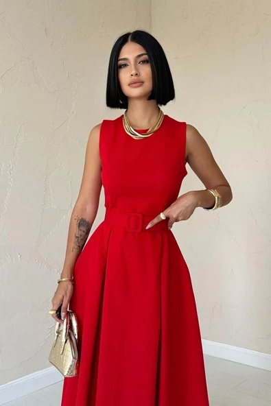 Kırmızı Halter Yaka Kloş Elbise - Resim 2