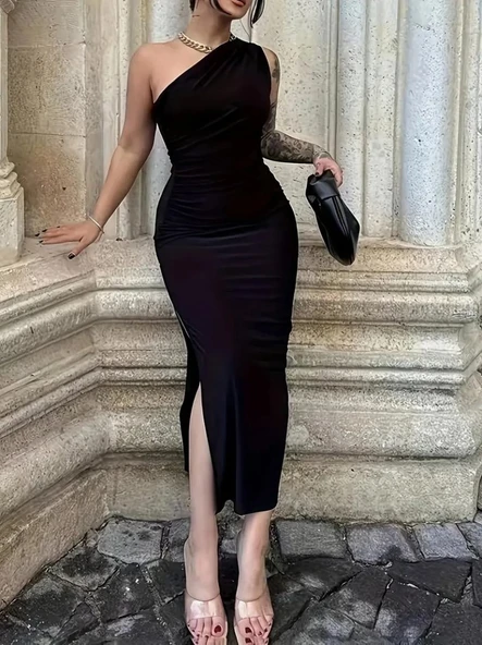 Kadın Tek Omuzu Açık Büzgülü Yandan Yırtmaçlı Uzun Sandy Elbise - Resim 2