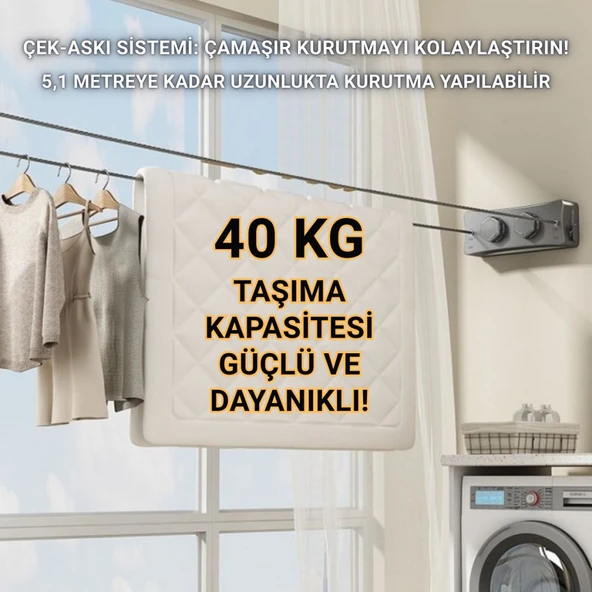 Polham 5.1 Metre Uzayabilir Çift Halatlı Çelik Dayanıklı Çek-Bırak Çamaşır İpi, 40 KG Taşıma Kapasiteli - 7