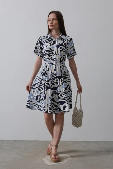 Baskılı Keten Elbise - Lacivert - Resim 2