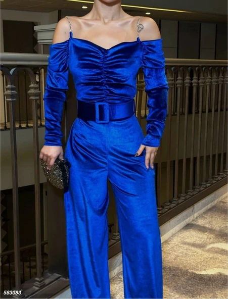 Kadın Modanna Yaka Zincir Askı Detay Kemer Dahil Kadife Kumaş Tulum ürün görseli