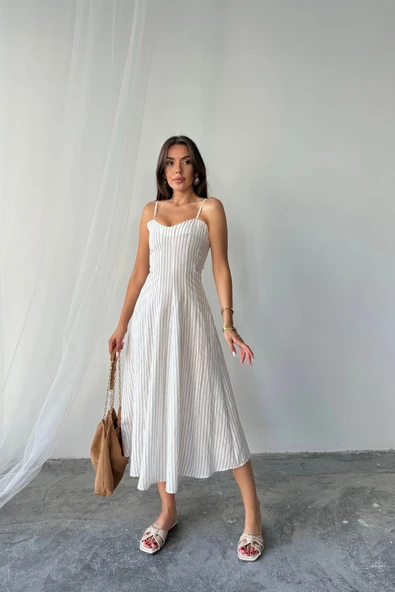 SİMLİ ÇİZGİLİ ASKILI ELBİSE MİDİ BOY - Kahverengi - Resim 4