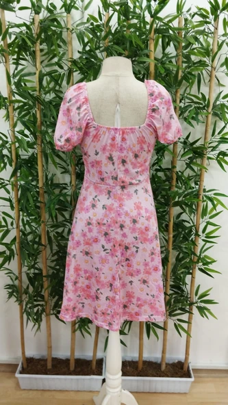 Kadın Kısa Kollu Mini çiçek Baskılı Bağcık Detay Süprem Midi Boy Elbise - Resim 7