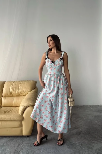 Bebe Mavi Önü Fiyonklu Çiçekli Elbise - Resim 2