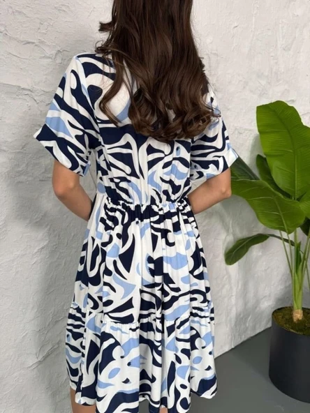 Baskılı Keten Elbise - Lacivert - Resim 3