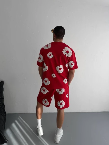 İki İplik Kumaş Baskılı T-shirt Şortlu Takım- Kırmızı ürün görseli