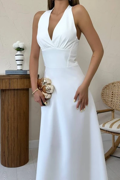 Ekru Atlas Göğüs Kuplu Elbise - Resim 4