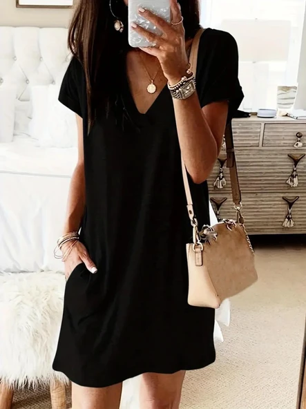 Kadın Kısa Kollu V Yakalı Cepli Kısa Viskon Elbise - Resim 3