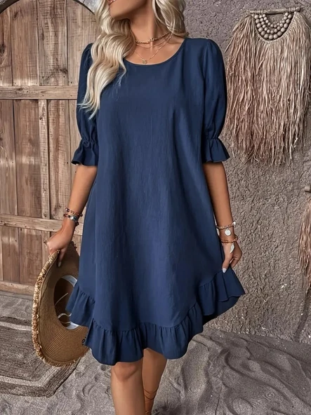 Kadın Kısa Kollu Kol Ve Eteği Volanlı Bisiklet Yaka Aerobin Elbise - Resim 3