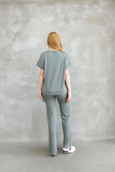 Osy Modal Yumuşak Dokulu Kumaş Bisiklet Yaka Kısa Kollu Takım - Mint Yeşili - Resim 2