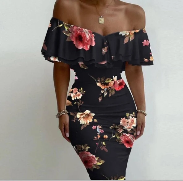 Kadın Madonna Yaka çiçek Baskılı Volan Detay Kalem Elbise ürün görseli