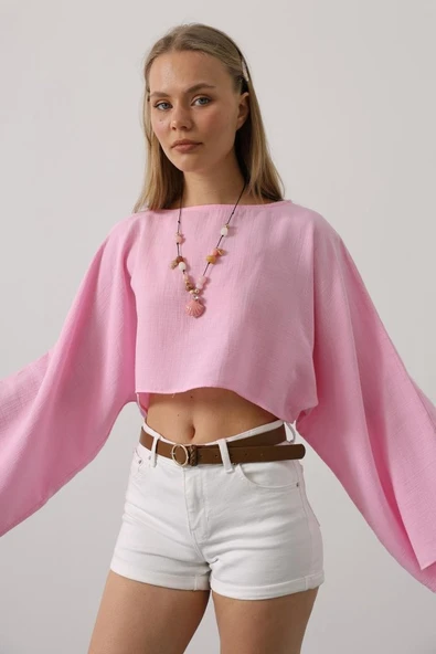 YARASA KOLLU CROP BLUZ - Pembe - Resim 2