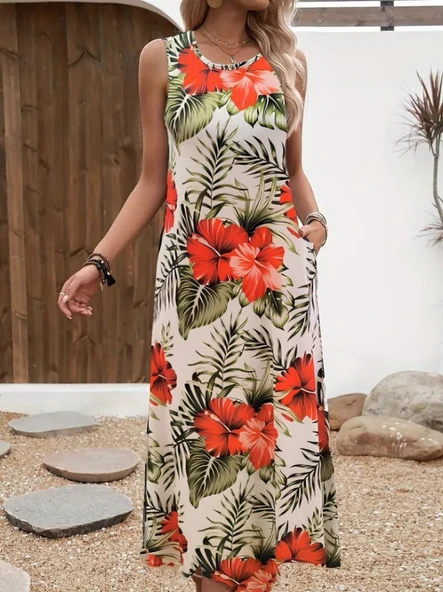 Kadın Askılı Yuvarlak Yaka Cepli Desenli Süprem Elbise - Resim 3