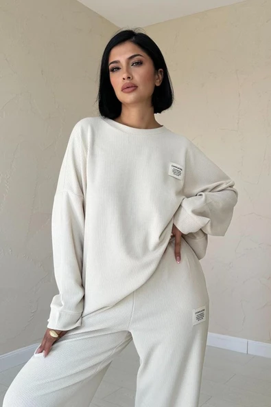 Bej Klasik Fitilli Kazak Ve Pantolon Takım - 2