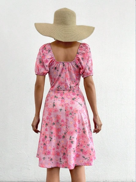 Kadın Kısa Kollu Mini çiçek Baskılı Bağcık Detay Süprem Midi Boy Elbise - Resim 4