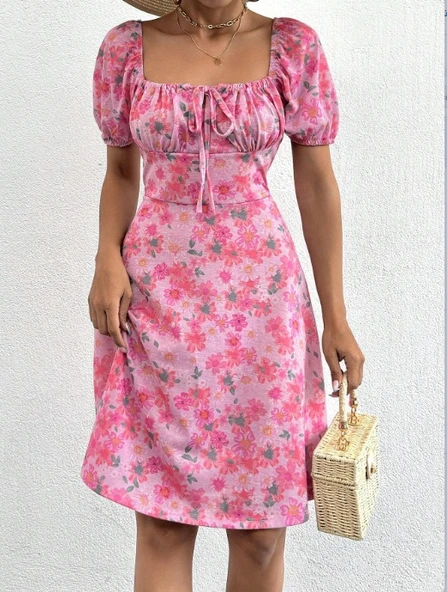 Kadın Kısa Kollu Mini çiçek Baskılı Bağcık Detay Süprem Midi Boy Elbise ürün görseli