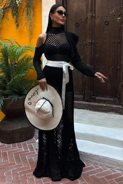 Saten Kuşaklı Ajurlu Triko Elbise 2847 ürün görseli